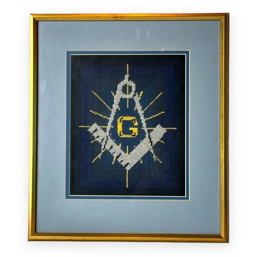 Vintage Masonic Lodge Cross Stitch Gold Framed Matted‎ Handmade Needlework